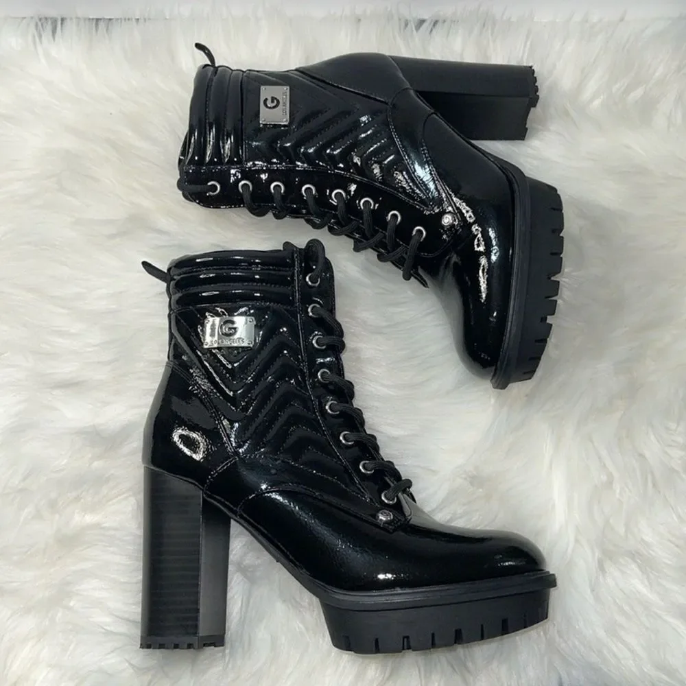 Guess women’s Lace Up Combat Patent Platforms Boots Quilted Chunky Block Heeled